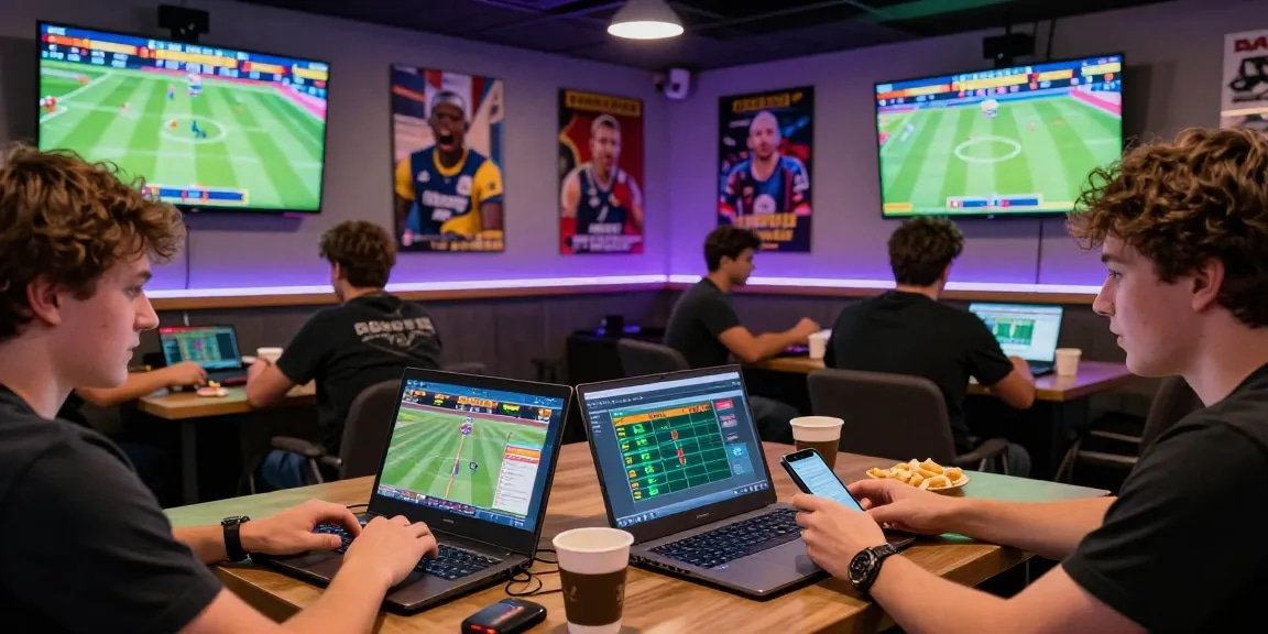 Suasana taruhan online SBOBET88 di kafe modern dengan pengunjung antusias dan layar pertandingan olahraga.
