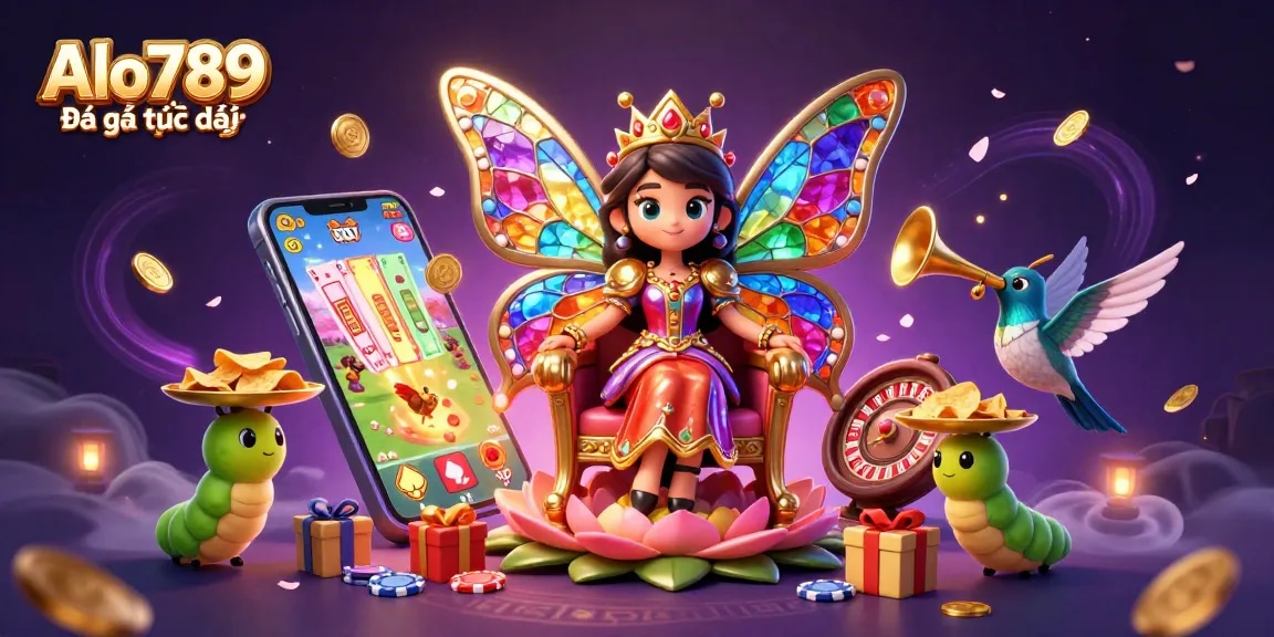 Alo789 Đá gà trực tiếp showcases a cartoon butterfly queen amidst a colorful cockfighting scene filled with casino elements.
