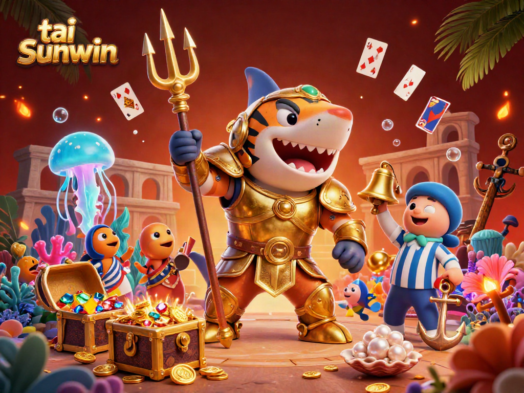 Experience the excitement of tai sunwin with a vibrant underwater casino battle featuring a tiger shark and treasure.