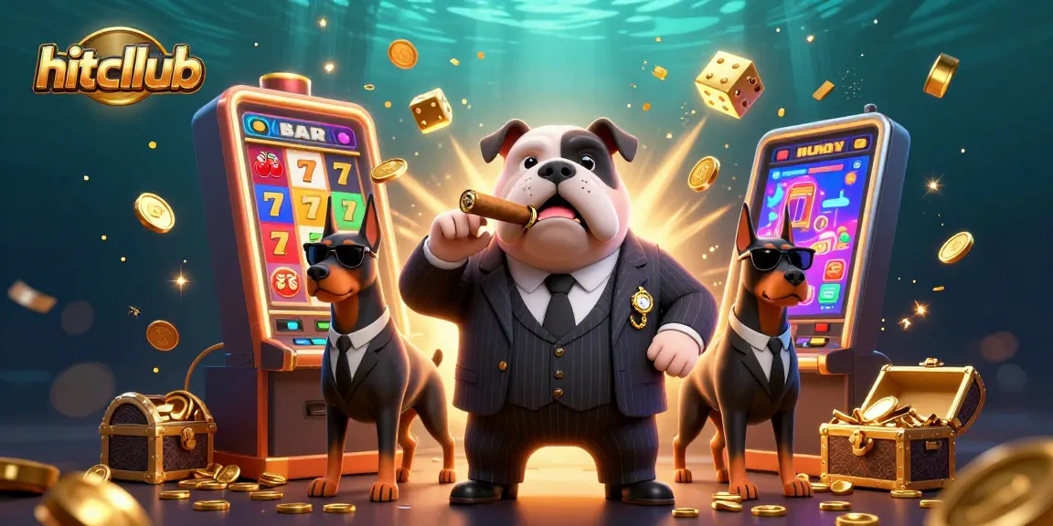 Experience thrilling jackpots at hitcllub with this dynamic, vibrant casino scene showcasing a cartoon mafia dog and exciting gaming elements.