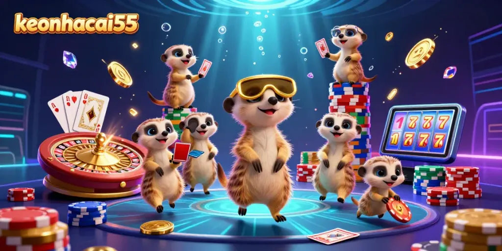 Experience thrilling gameplay with keonhacai55's lively meerkat casino scene, featuring vibrant slots and rich gambling elements.