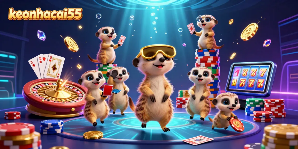 Experience thrilling gameplay with keonhacai55's lively meerkat casino scene, featuring vibrant slots and rich gambling elements.