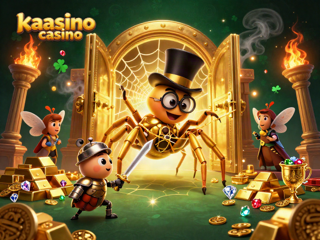 Kaasino casino showcases exciting gameplay with a 3D cartoon tarantula and beetle knight surrounded by gold.