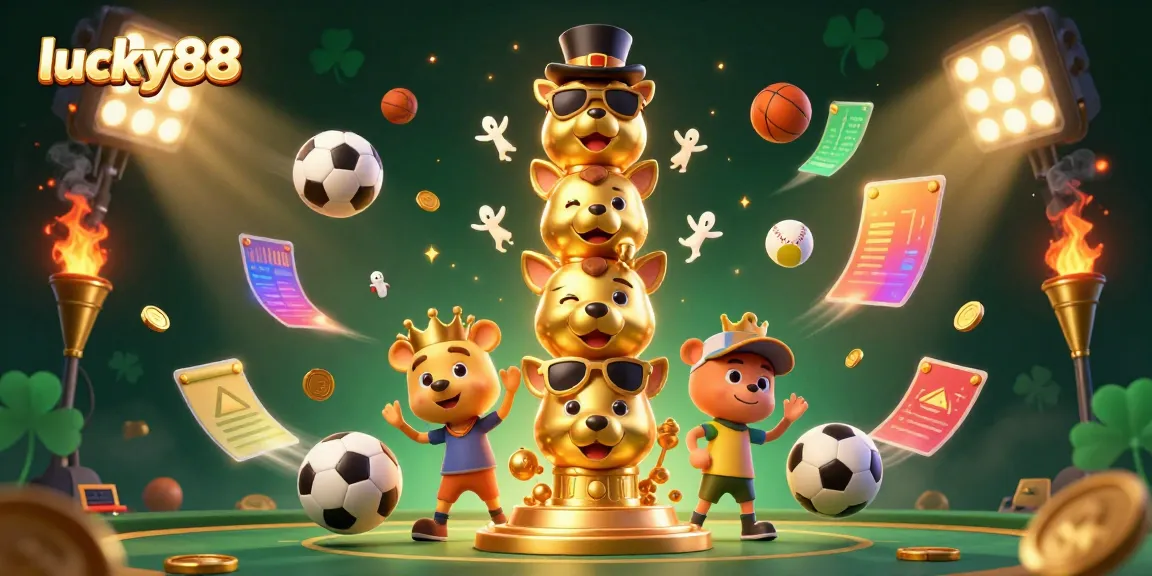 Engage with exciting game elements in lucky88, featuring a lively golden totem with expressive casino accessories.