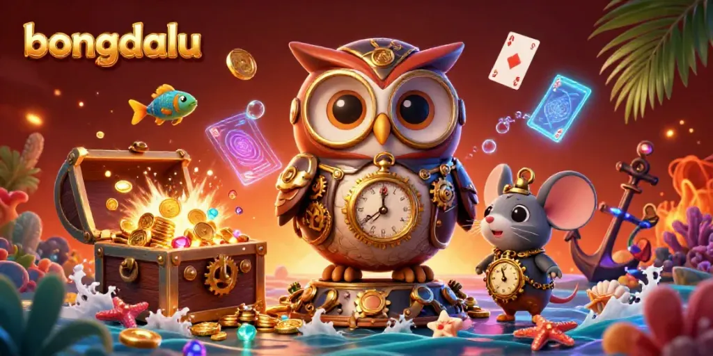 Experience exciting moments with bongdalu in this vibrant 3D casino scene featuring time-traveling owl and treasures.