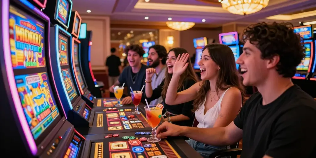 Slot gacor yang mengasyikkan dengan teman-teman di kasino, lampu cerah dan suasana penuh semangat.