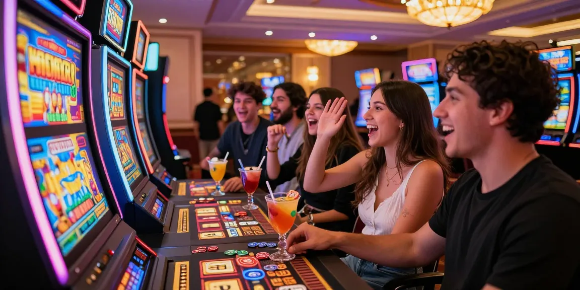 Slot gacor yang mengasyikkan dengan teman-teman di kasino, lampu cerah dan suasana penuh semangat.
