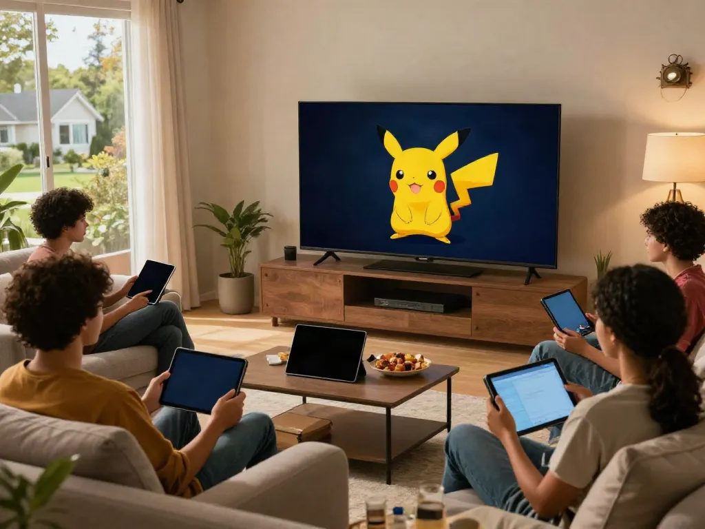 Friends using Pikachu App for streaming in a cozy living room.