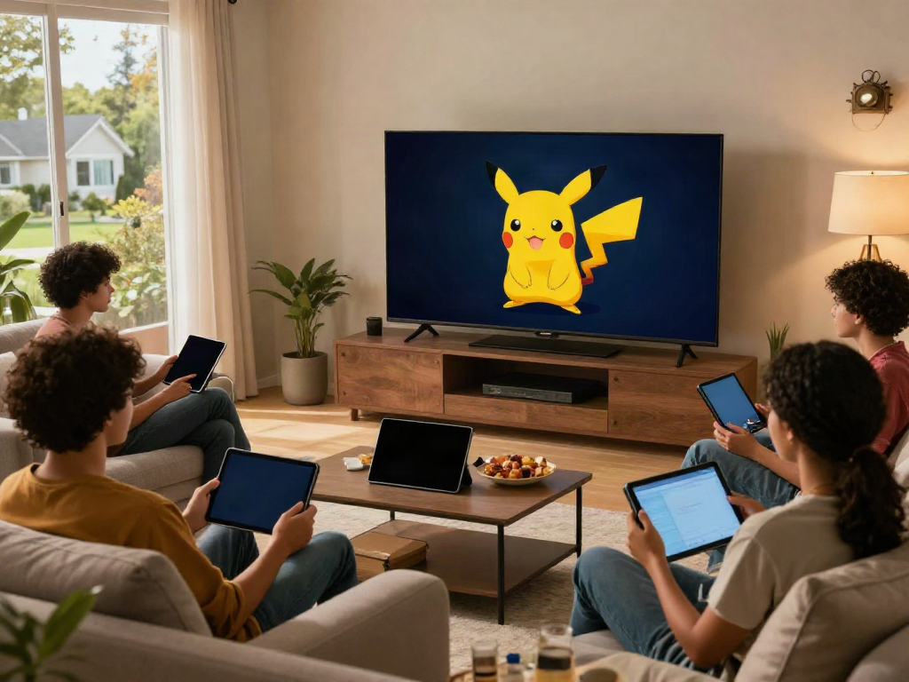 Friends using Pikachu App for streaming in a cozy living room.