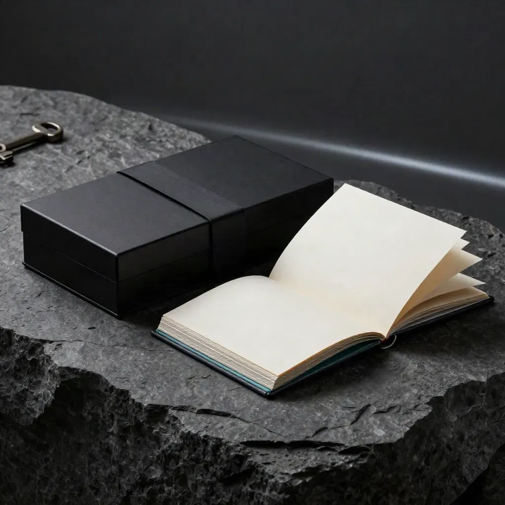 Donkere benchmarkbox met boekje en tablet op basalt, met teal accent en zachte studioverlichting.