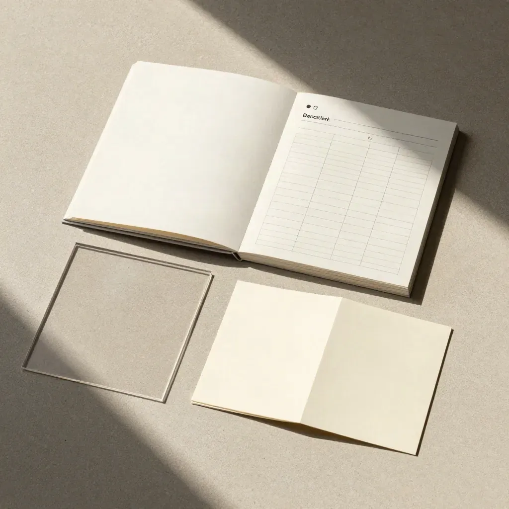 Overhead flatlay van KPI-dashboard pakket op licht beton, met transparante sleeve en vouwkaart.