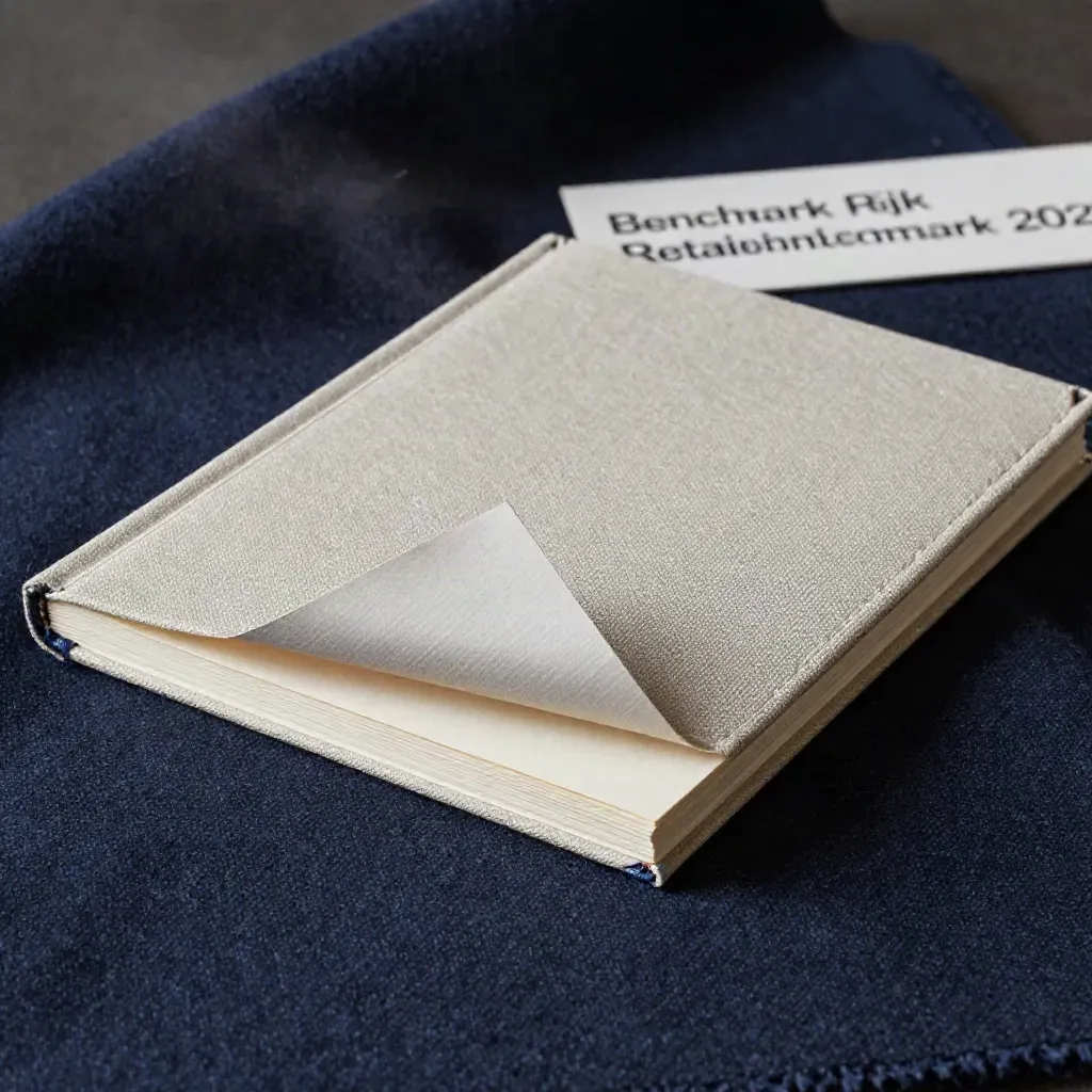 Close-up van een benchmarkfolio in wol, met zachte stof, papier en een losse hoeksample.