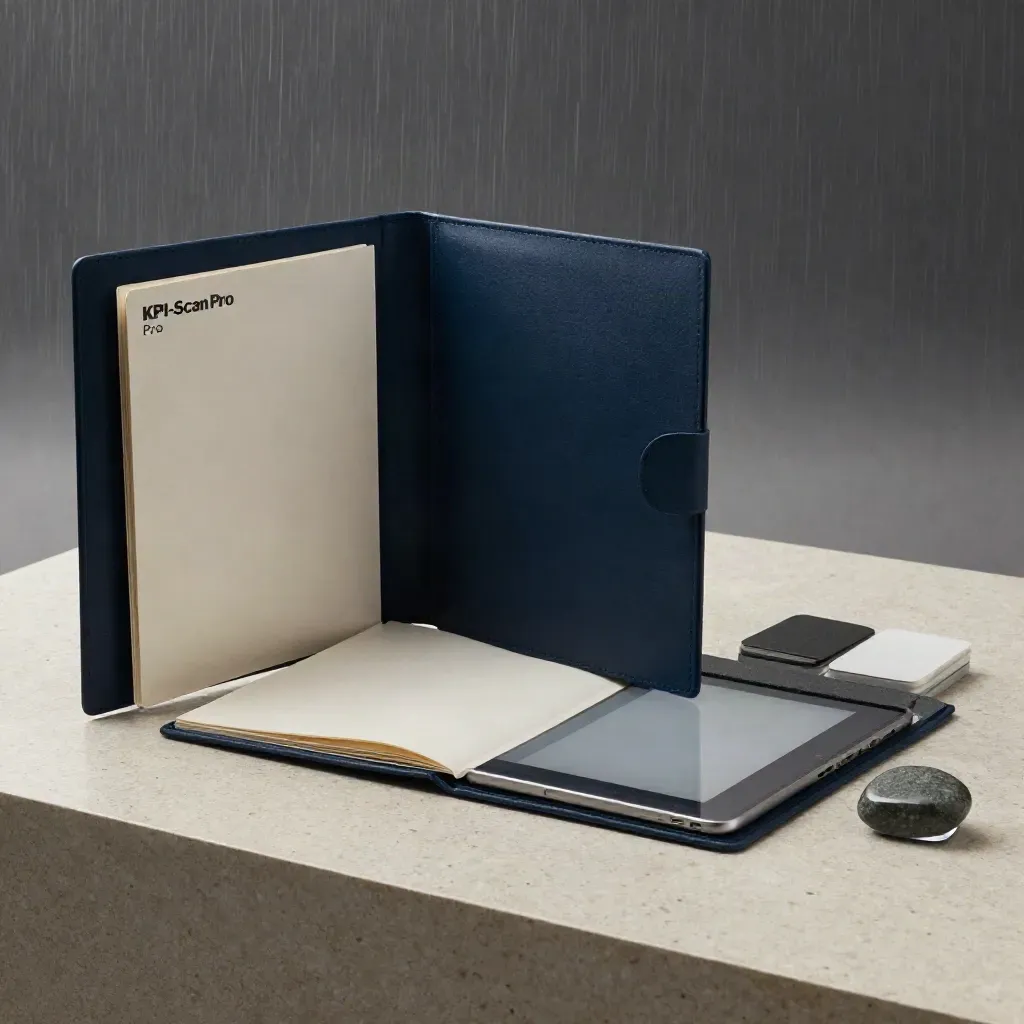 Navy KPI-folio, tablet en mappen op travertin met zachte mist en raaglelicht