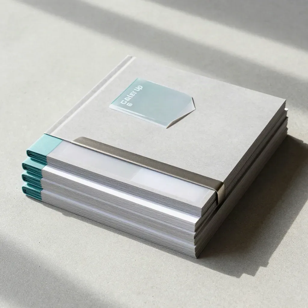 Bovenaanzicht van een scale-up rapportbundle met tabs, dividers en metalen klem op beton.