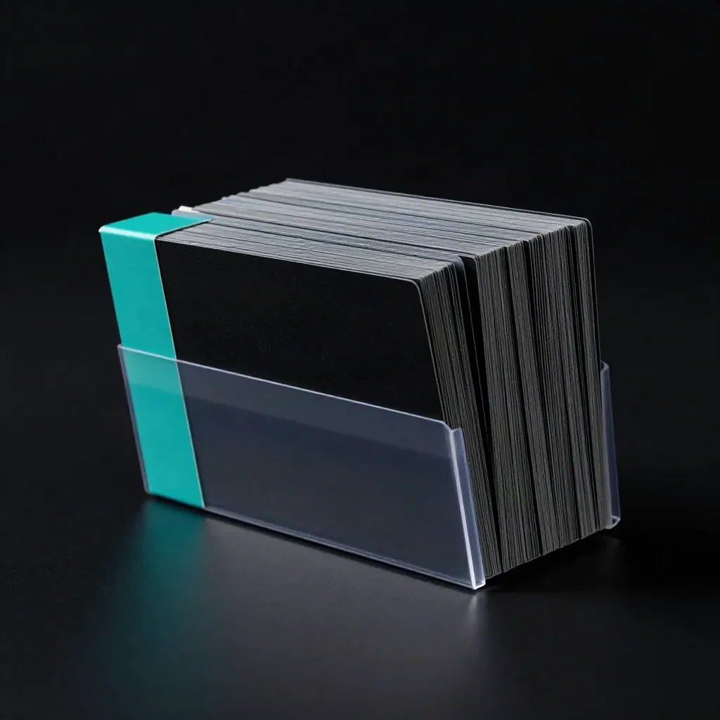 Luxe benchmarkbox met tealaccent en insertcards op zwarte ondergrond in dramatisch studiolicht.