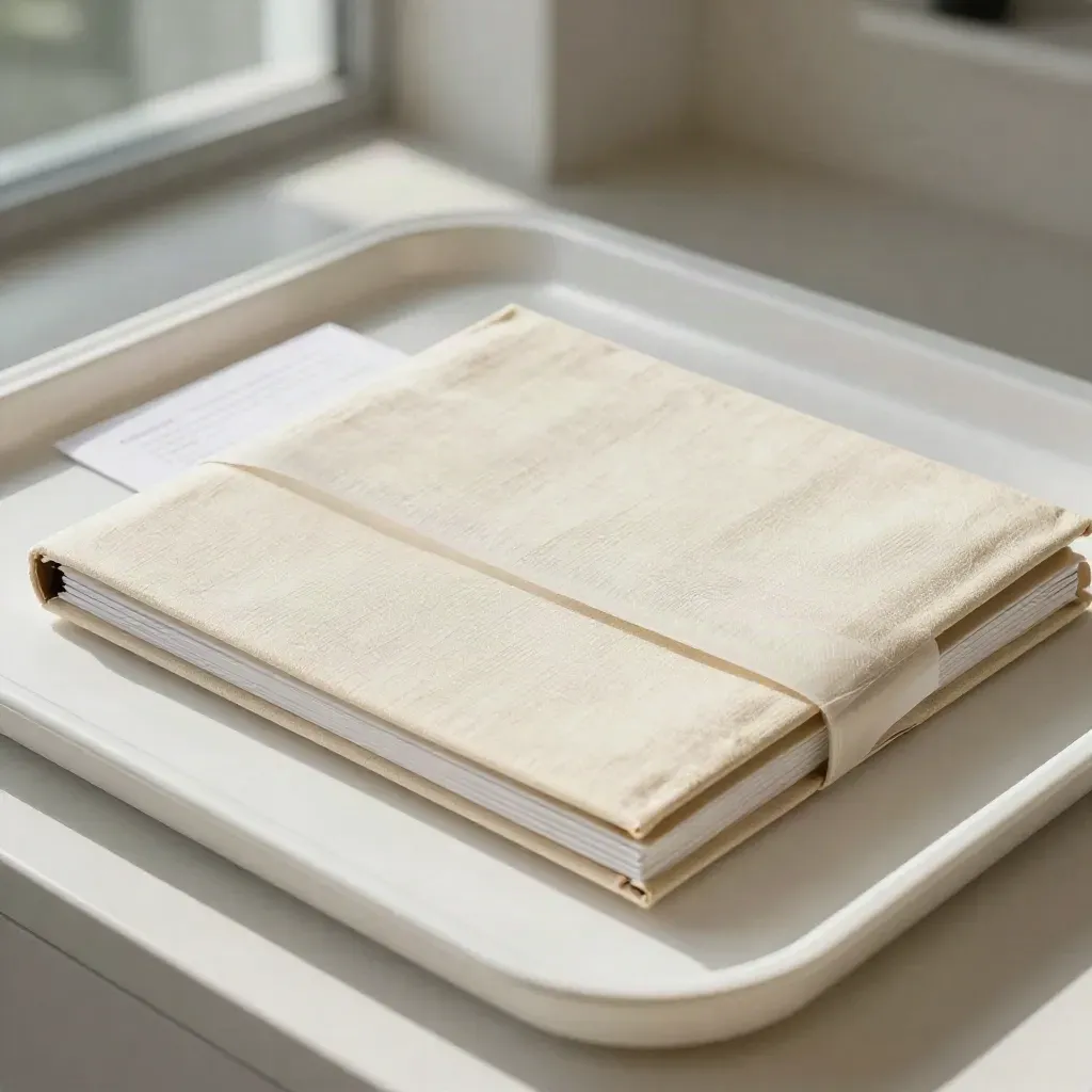 Crèmekleurige zorgpraktijkmap met linnen band en dividers naast een witte tray.