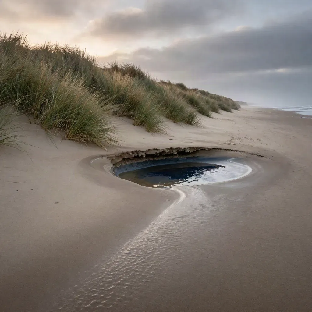 Duinlandschap met helmgras, nat zand en een donker getijdenpoeltje in mistig avondlicht