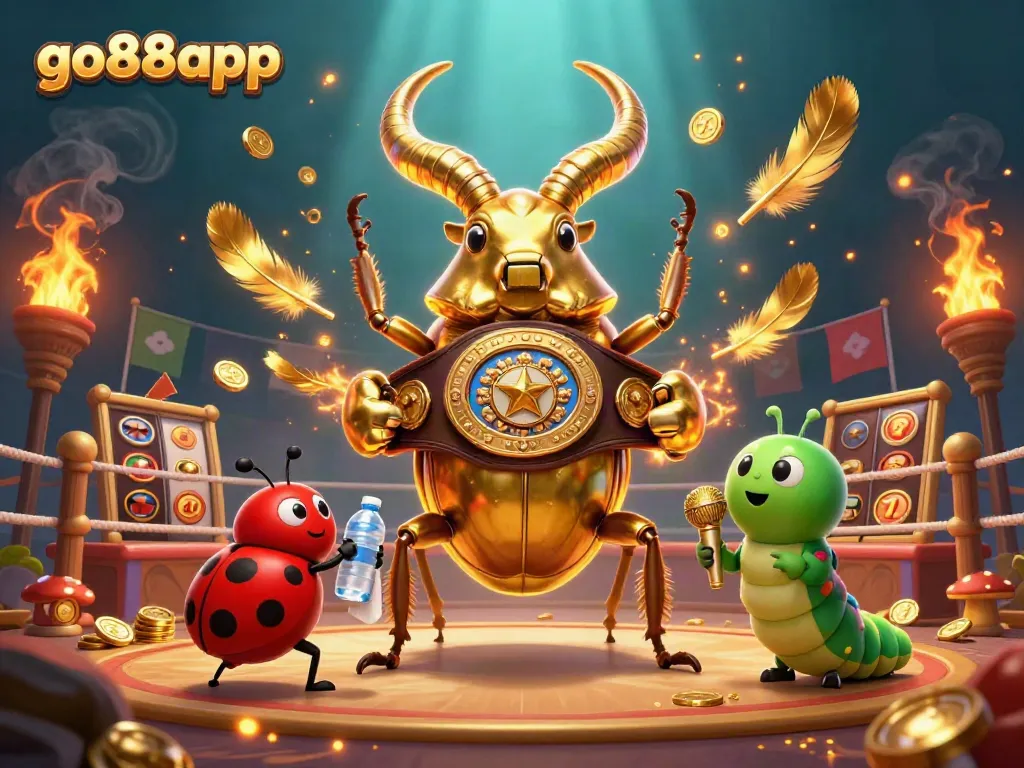 Experience the excitement of go88app with a vibrant scene featuring a giant golden stag beetle in a boxing match, surrounded by slot machines and dynamic casino elements.