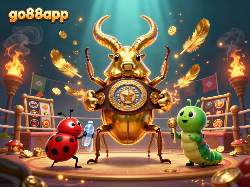Experience the excitement of go88app with a vibrant scene featuring a giant golden stag beetle in a boxing match, surrounded by slot machines and dynamic casino elements.