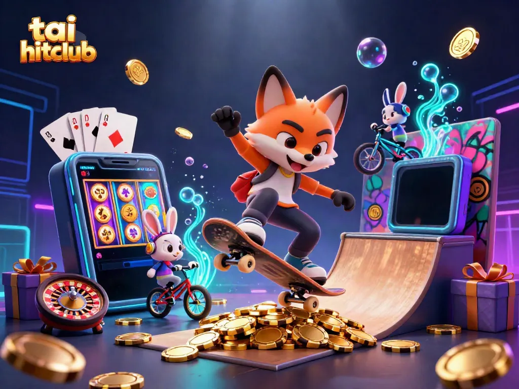 Spin and win with tai hitclub, featuring a vibrant 3D scene of a cartoon fox and rabbit in a casino adventure.