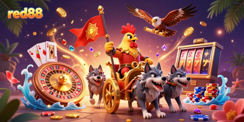 Betting with excitement at red88 featuring a 3D rooster warlord and golden chariot amidst casino games.