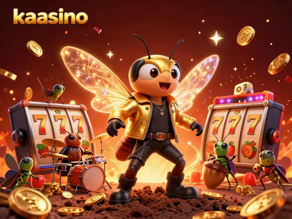 Experience the thrilling world of kaasino with a vibrant casino illustration featuring a rock star cicada and playful game elements