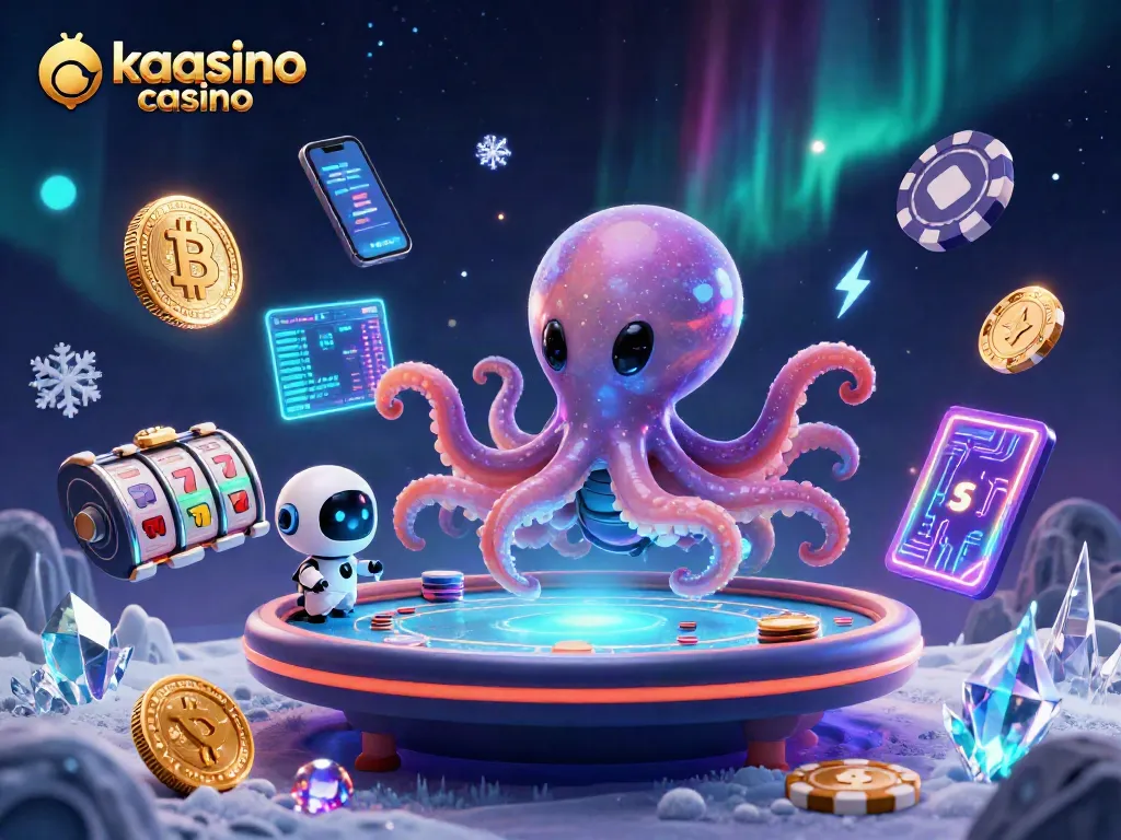 Kaasino casino showcases a unique alien octopus dealing cards and poker chips in a vibrant 3D scene.