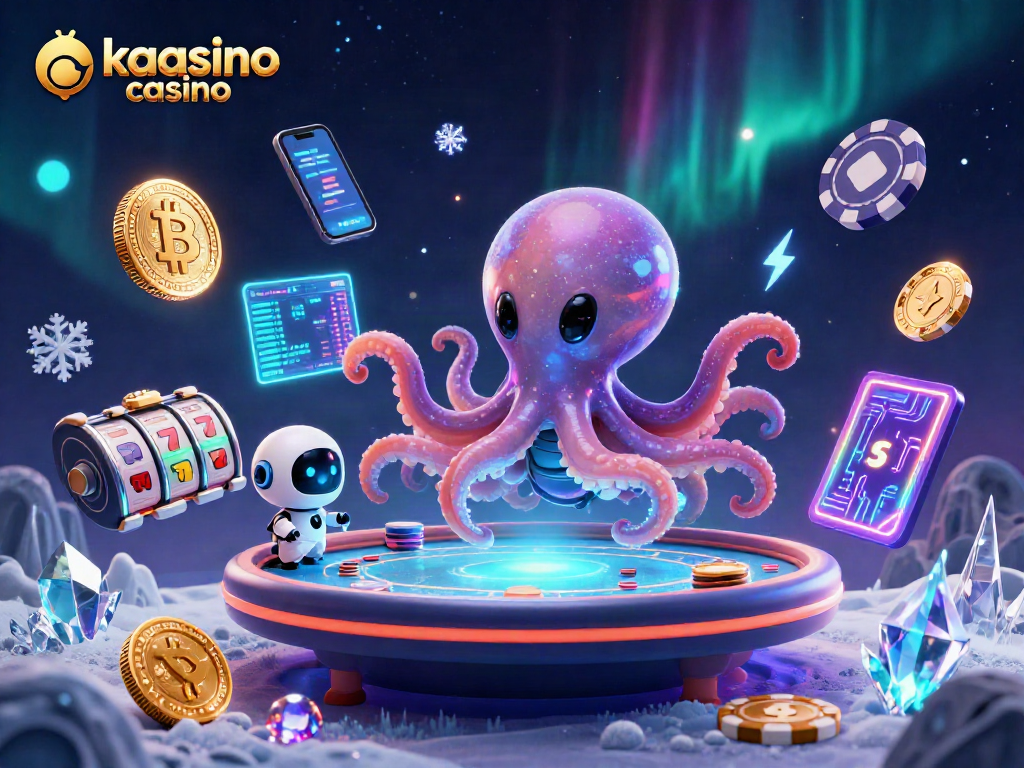 Kaasino casino showcases a unique alien octopus dealing cards and poker chips in a vibrant 3D scene.