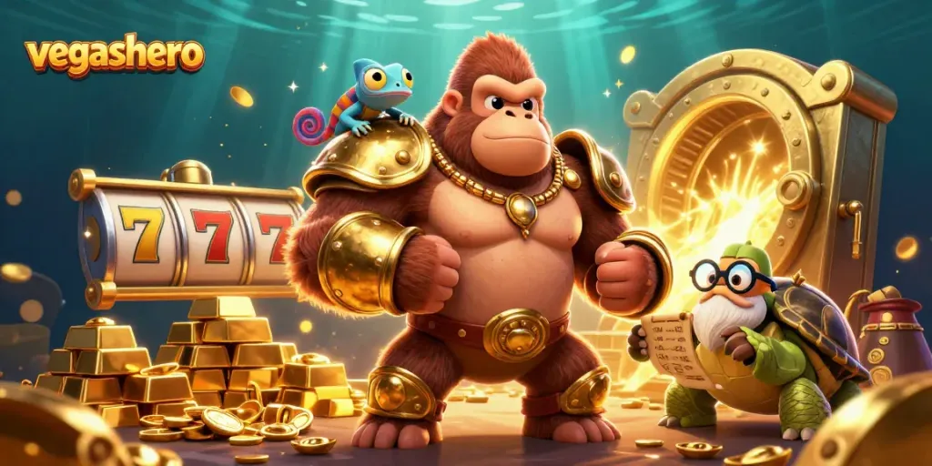 Spin the reels with vegashero in this vibrant 3D casino illustration featuring prize elements and characters.