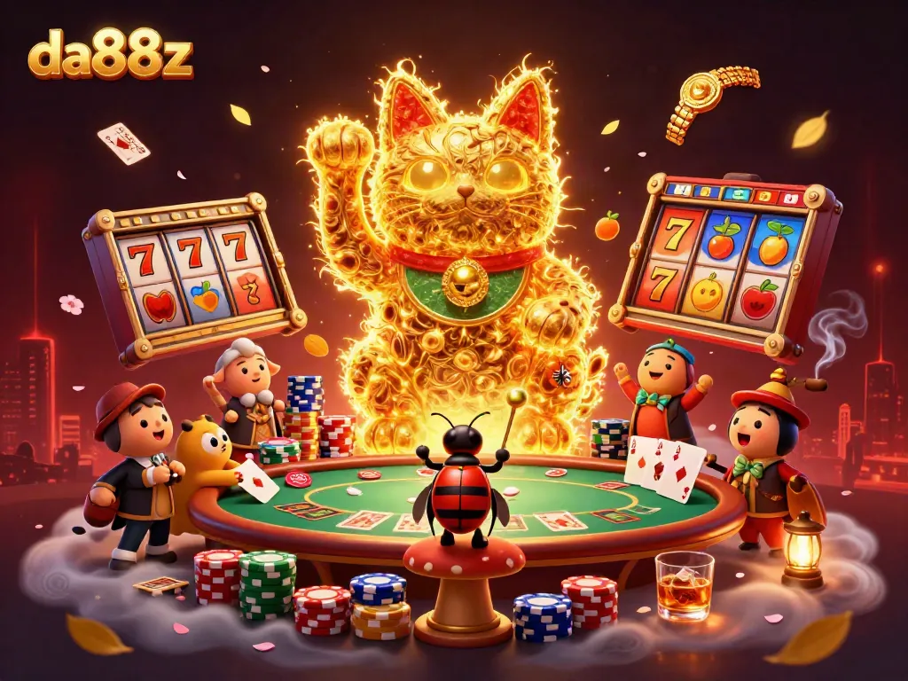 Experience the magic of da88z with a lucky cat and an energetic casino scene filled with vibrant gambling symbols.