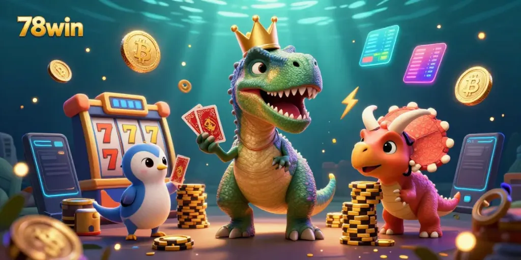 Celebrate gaming at 78win with a vibrant casino scene featuring a T-Rex and friends.