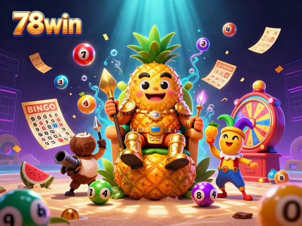 Experience the vibrant thrill of 78win with cartoon characters in a lively beach casino scene, featuring colorful lottery elements and golden prizes.