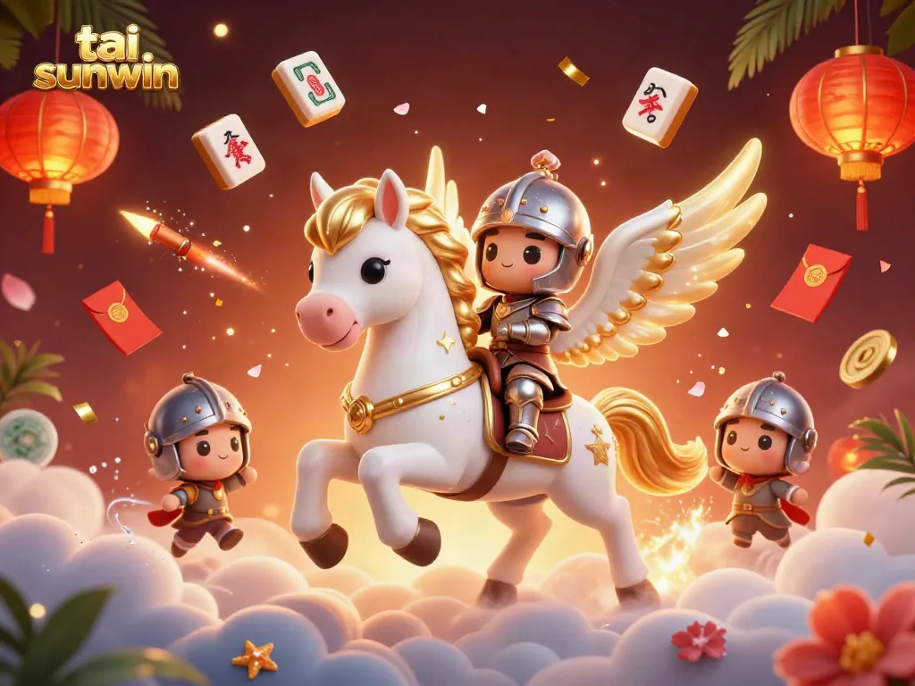 Engage with the vibrant tai sunwin online casino experience, featuring a celestial horse and knight amidst celebratory gaming elements.