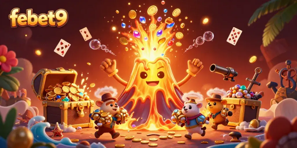 Experience the excitement of febet9 with a vibrant, treasure-filled volcanic eruption scene showcasing a rich gambling atmosphere.