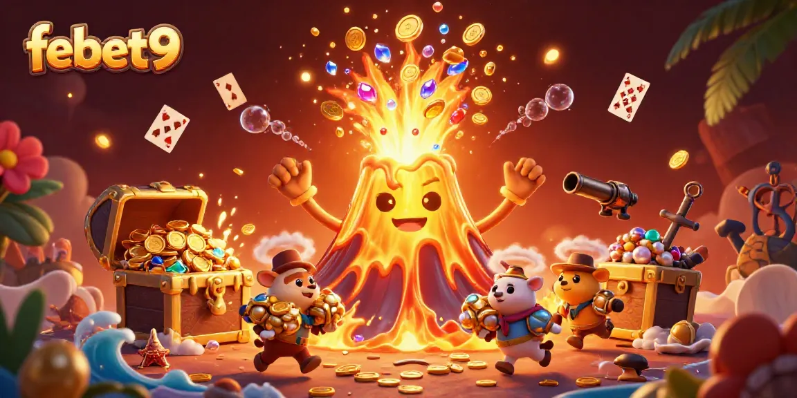 Experience the excitement of febet9 with a vibrant, treasure-filled volcanic eruption scene showcasing a rich gambling atmosphere.