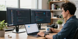 Download Telegram with a tech professional coding in an engaging workspace.