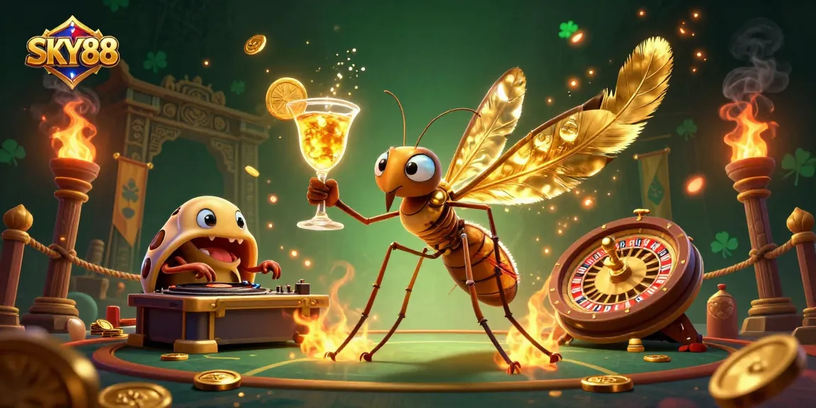 Experience the excitement of SKY88 Casino with stunning 3D visuals featuring a unique frozen-in-amber mosquito mascot.