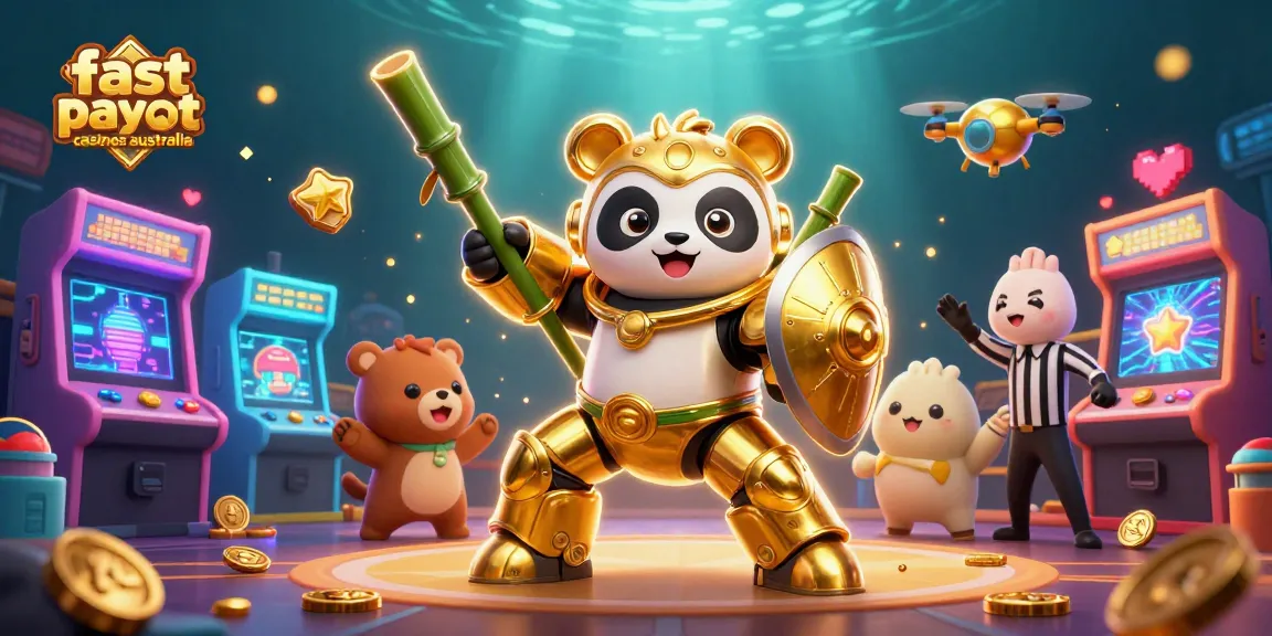 Experience fast payout casinos australia with vibrant gaming action featuring a mech-suit panda and arcade elements.