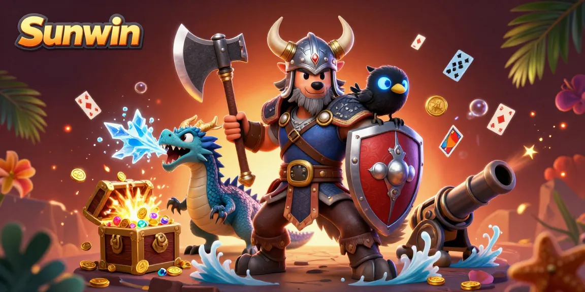 Experience Sunwin's thrilling gaming adventure with Viking warriors, treasure chests, and dragon elements.