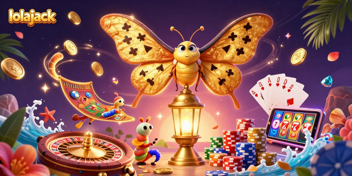 Cascading golden coins and vibrant games surround the lolajack-themed fantasy scene full of rewards.